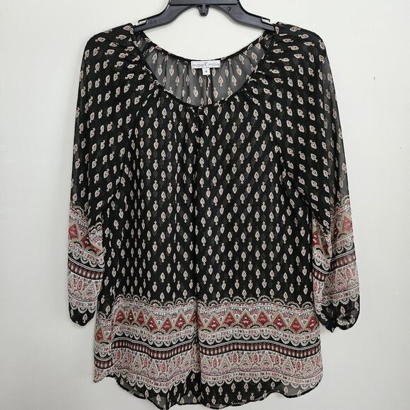 Moa Moa Sheer BOHO Peasant Top Blouse Long Sleeve Black Contrasting Border Sz M - Picture 1 of 9